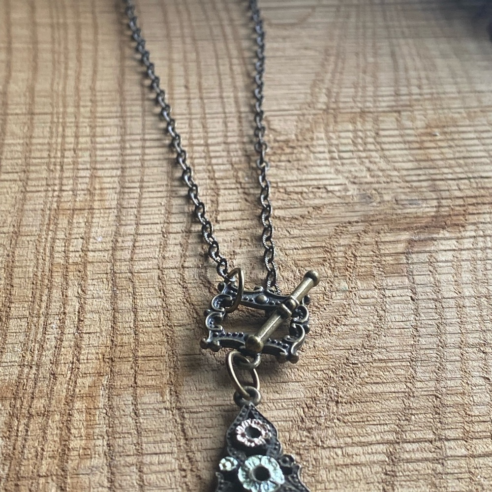 Black and Gold Vintage Assemblage Teardrop Necklace with Circular Accents - Picture 5 of 5